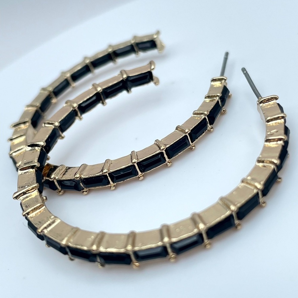 Y2K Art Deco Gold Tone Black Faceted Glass Bezel Beads Inlay Hoop Earrings